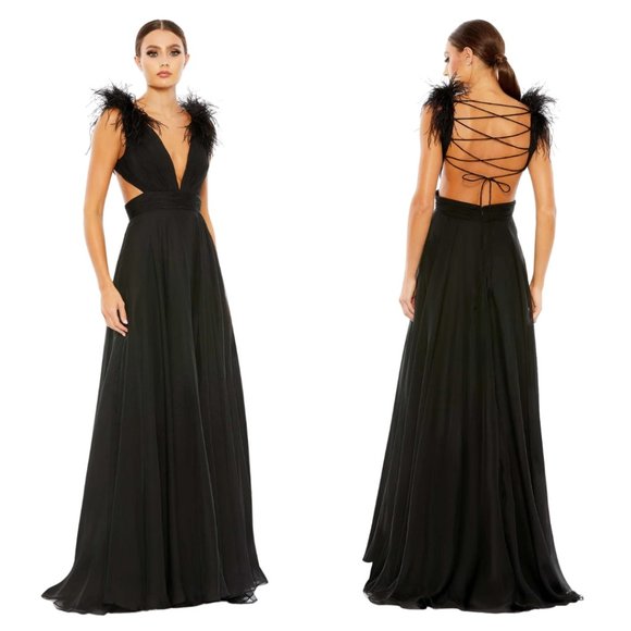 Mac DuggalPLUNGE OSTRICH FEATHER A LINE GOWN (Black)